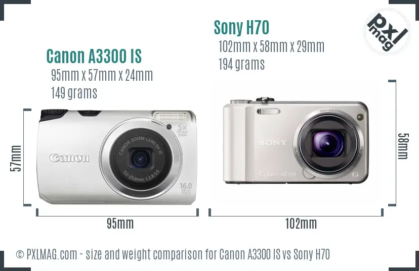 Canon A3300 IS vs Sony H70 size comparison