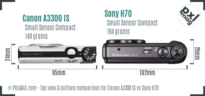 Canon A3300 IS vs Sony H70 top view buttons comparison