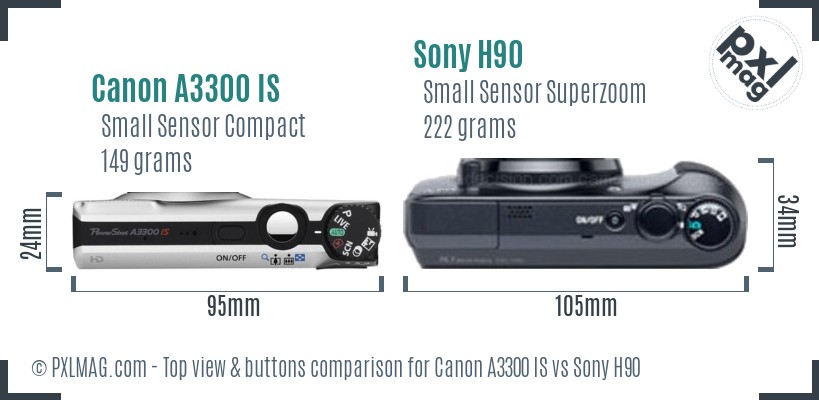 Canon A3300 IS vs Sony H90 top view buttons comparison