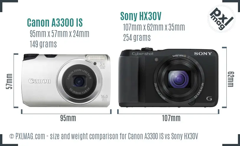 Canon A3300 IS vs Sony HX30V size comparison
