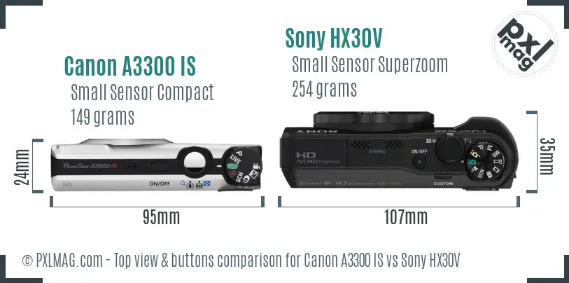 Canon A3300 IS vs Sony HX30V top view buttons comparison