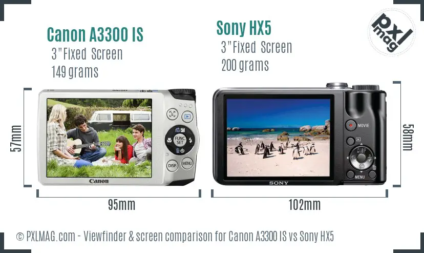 Canon A3300 IS vs Sony HX5 Screen and Viewfinder comparison Canon A3300 IS vs Sony HX5 Screen and Viewfinder comparison