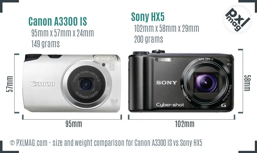 Canon A3300 IS vs Sony HX5 size comparison Canon A3300 IS vs Sony HX5 size comparison