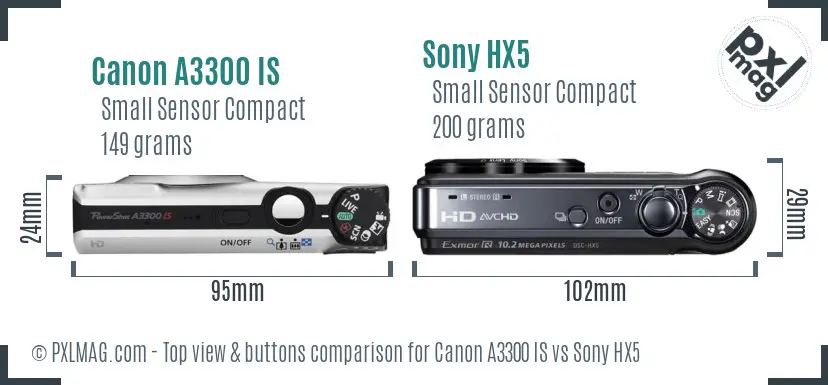 Canon A3300 IS vs Sony HX5 top view buttons comparison Canon A3300 IS vs Sony HX5 top view buttons comparison