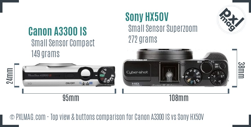 Canon A3300 IS vs Sony HX50V top view buttons comparison