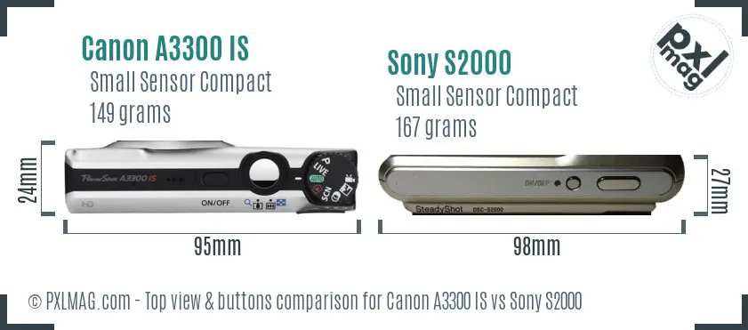 Canon A3300 IS vs Sony S2000 top view buttons comparison