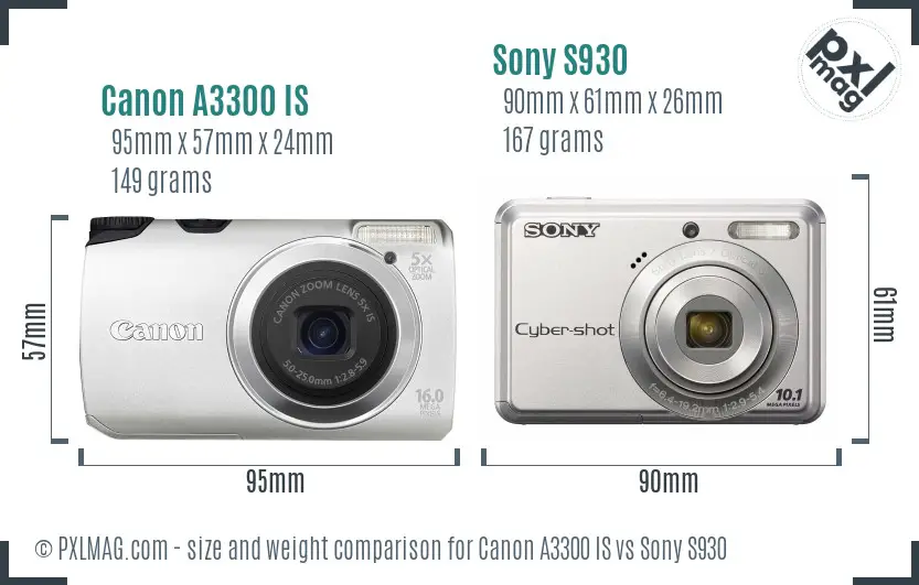 Canon A3300 IS vs Sony S930 size comparison
