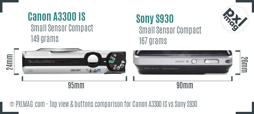 Canon A3300 IS vs Sony S930 top view buttons comparison