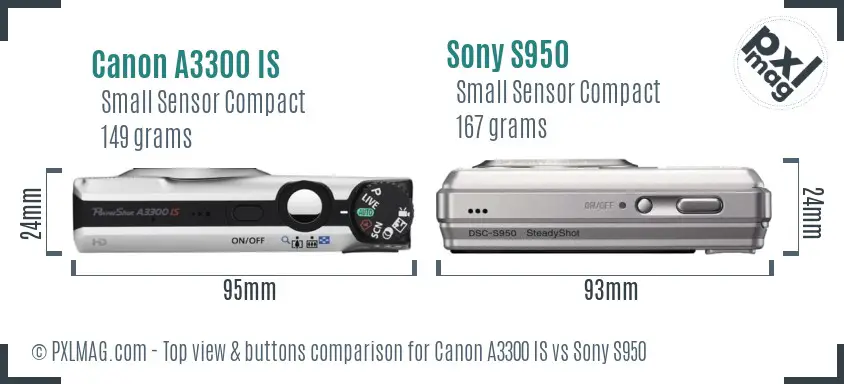 Canon A3300 IS vs Sony S950 top view buttons comparison