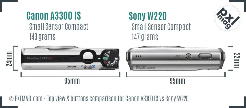 Canon A3300 IS vs Sony W220 top view buttons comparison