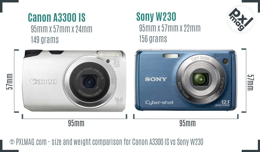 Canon A3300 IS vs Sony W230 size comparison