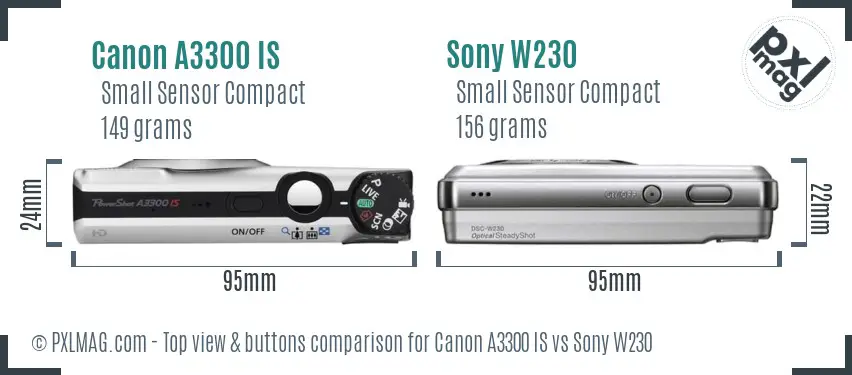 Canon A3300 IS vs Sony W230 top view buttons comparison