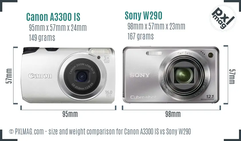 Canon A3300 IS vs Sony W290 size comparison