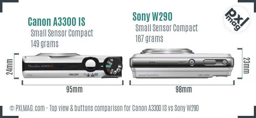 Canon A3300 IS vs Sony W290 top view buttons comparison