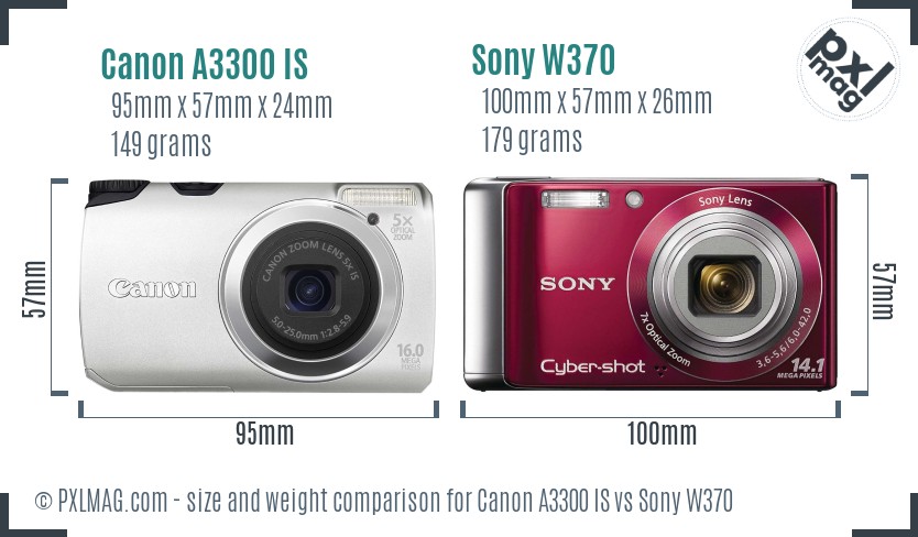 Canon A3300 IS vs Sony W370 size comparison