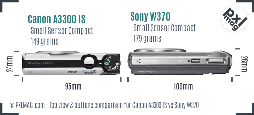 Canon A3300 IS vs Sony W370 top view buttons comparison