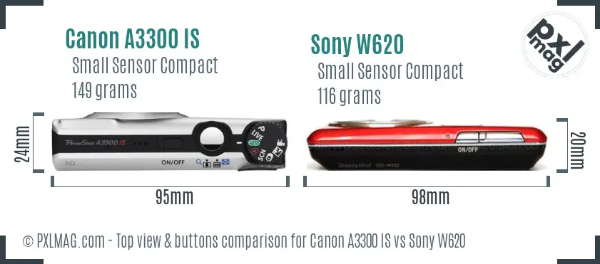 Canon A3300 IS vs Sony W620 top view buttons comparison Canon A3300 IS vs Sony W620 top view buttons comparison