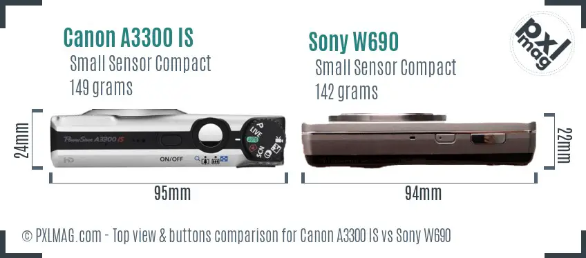 Canon A3300 IS vs Sony W690 top view buttons comparison Canon A3300 IS vs Sony W690 top view buttons comparison