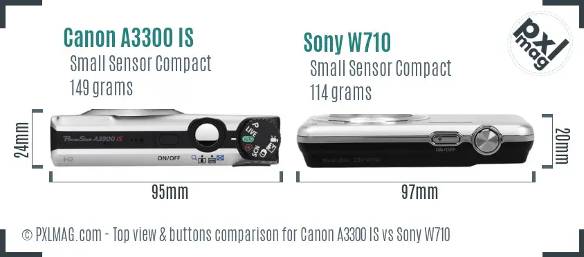 Canon A3300 IS vs Sony W710 top view buttons comparison Canon A3300 IS vs Sony W710 top view buttons comparison
