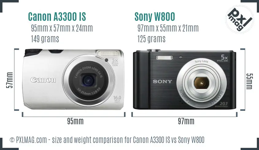 Canon A3300 IS vs Sony W800 size comparison