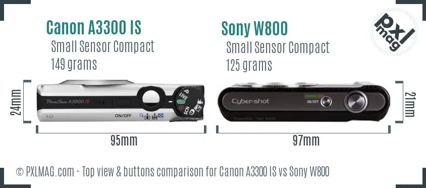 Canon A3300 IS vs Sony W800 top view buttons comparison