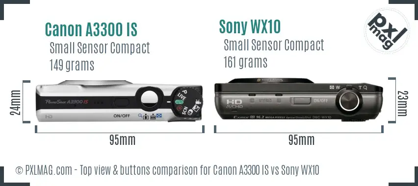 Canon A3300 IS vs Sony WX10 top view buttons comparison Canon A3300 IS vs Sony WX10 top view buttons comparison