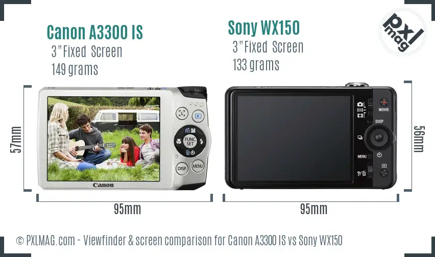 Canon A3300 IS vs Sony WX150 Screen and Viewfinder comparison