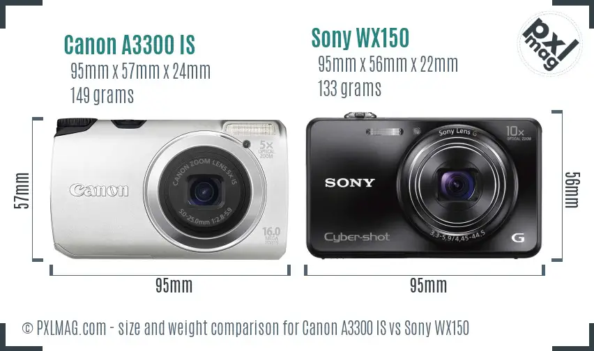 Canon A3300 IS vs Sony WX150 size comparison