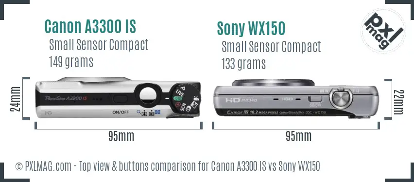 Canon A3300 IS vs Sony WX150 top view buttons comparison