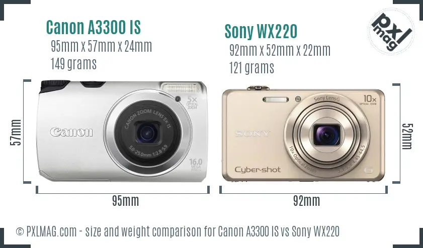 Canon A3300 IS vs Sony WX220 size comparison