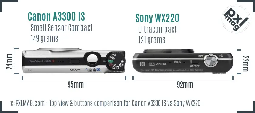 Canon A3300 IS vs Sony WX220 top view buttons comparison