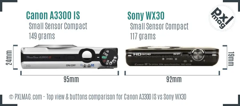 Canon A3300 IS vs Sony WX30 top view buttons comparison Canon A3300 IS vs Sony WX30 top view buttons comparison