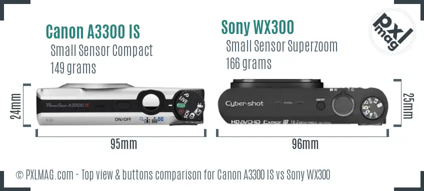 Canon A3300 IS vs Sony WX300 top view buttons comparison