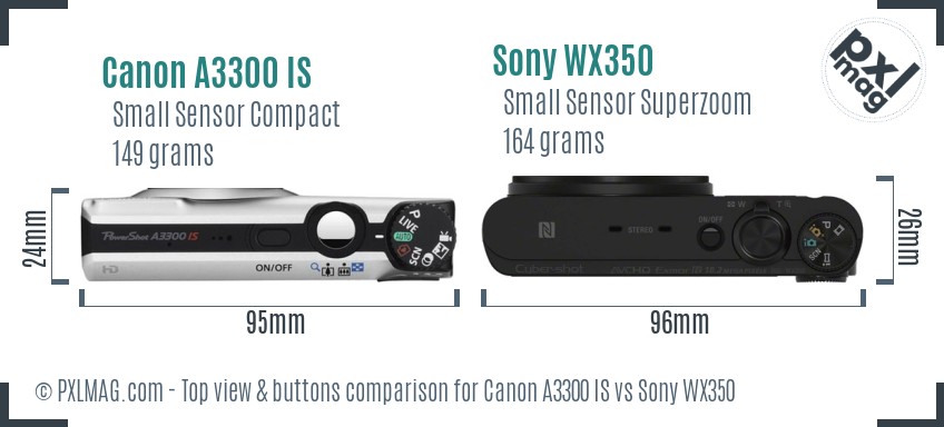 Canon A3300 IS vs Sony WX350 top view buttons comparison