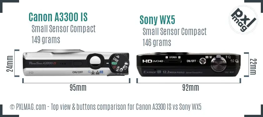 Canon A3300 IS vs Sony WX5 top view buttons comparison Canon A3300 IS vs Sony WX5 top view buttons comparison