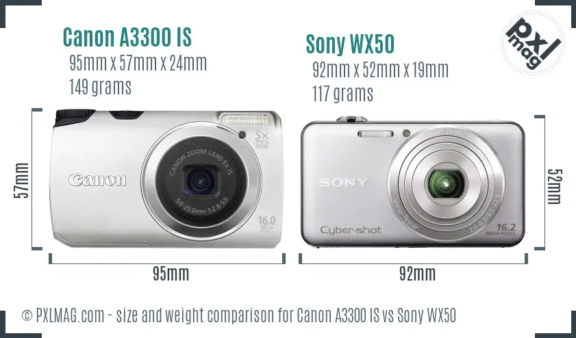 Canon A3300 IS vs Sony WX50 size comparison Canon A3300 IS vs Sony WX50 size comparison
