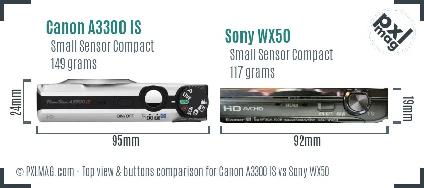 Canon A3300 IS vs Sony WX50 top view buttons comparison