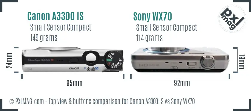 Canon A3300 IS vs Sony WX70 top view buttons comparison Canon A3300 IS vs Sony WX70 top view buttons comparison