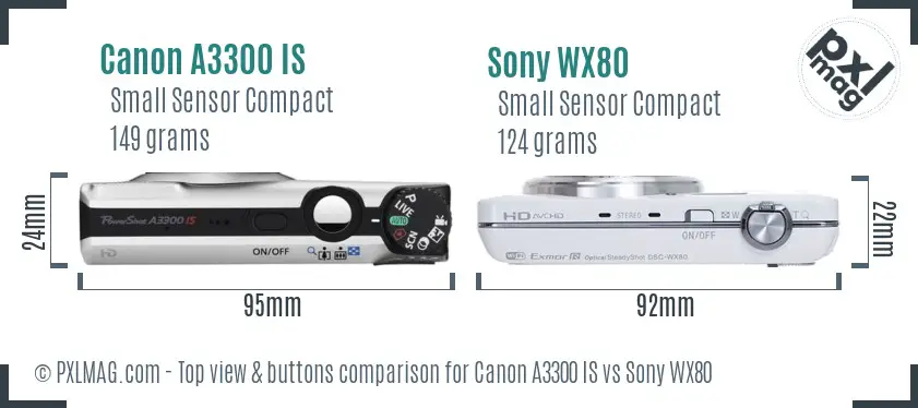 Canon A3300 IS vs Sony WX80 top view buttons comparison