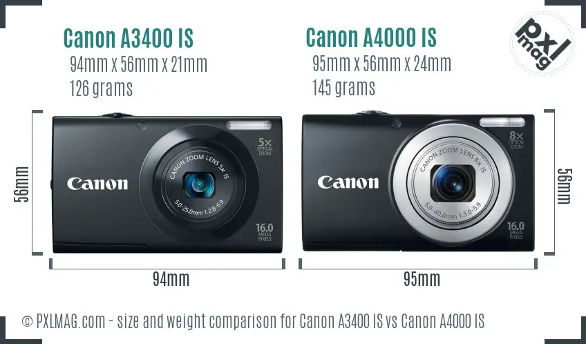 Canon A3400 IS vs Canon A4000 IS size comparison