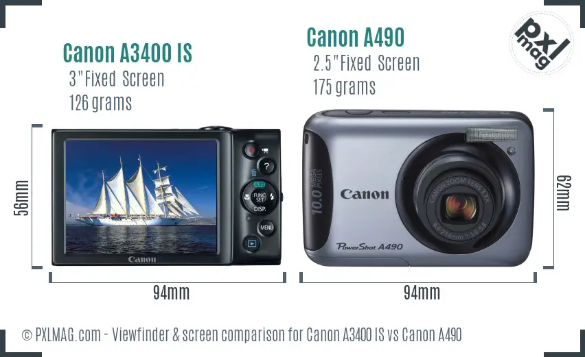 Canon A3400 IS vs Canon A490 Screen and Viewfinder comparison