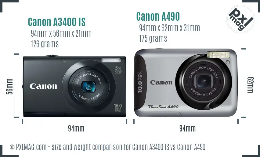 Canon A3400 IS vs Canon A490 size comparison