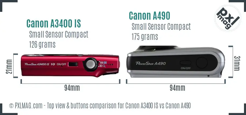 Canon A3400 IS vs Canon A490 top view buttons comparison
