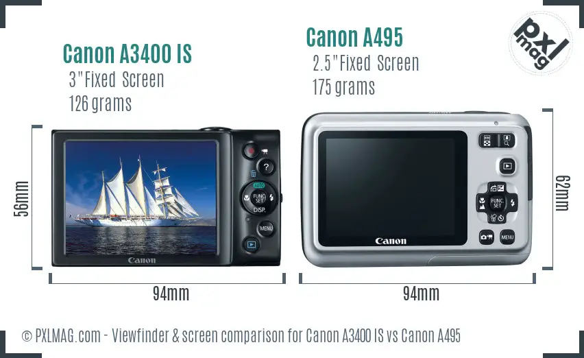 Canon A3400 IS vs Canon A495 Screen and Viewfinder comparison