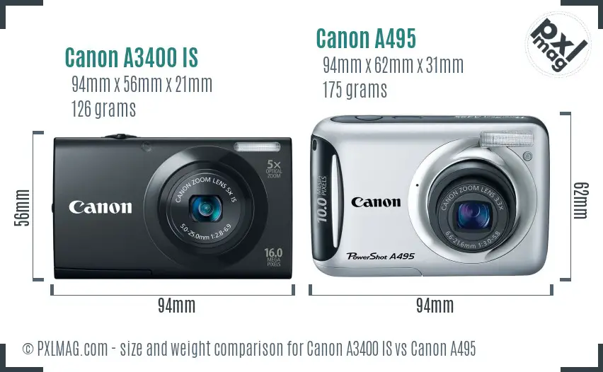 Canon A3400 IS vs Canon A495 size comparison