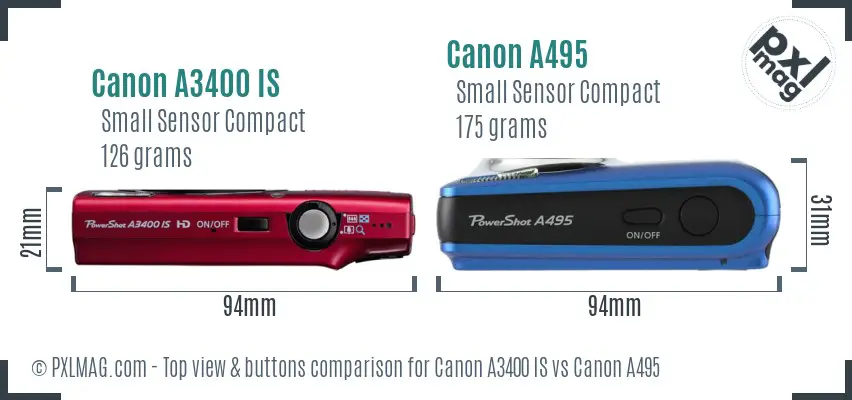 Canon A3400 IS vs Canon A495 top view buttons comparison