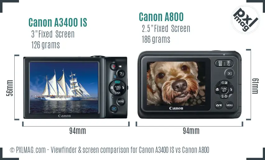 Canon A3400 IS vs Canon A800 Screen and Viewfinder comparison
