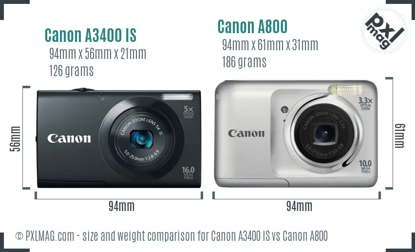 Canon A3400 IS vs Canon A800 size comparison