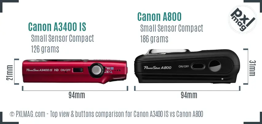 Canon A3400 IS vs Canon A800 top view buttons comparison