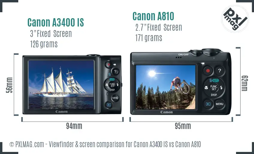 Canon A3400 IS vs Canon A810 Screen and Viewfinder comparison